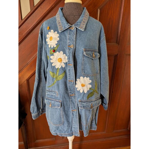 Baccini Vintage 90sDenim Jacket Daisy Embroidery & Bee/Ladybug Button-Up 2x NWT - Picture 1 of 11